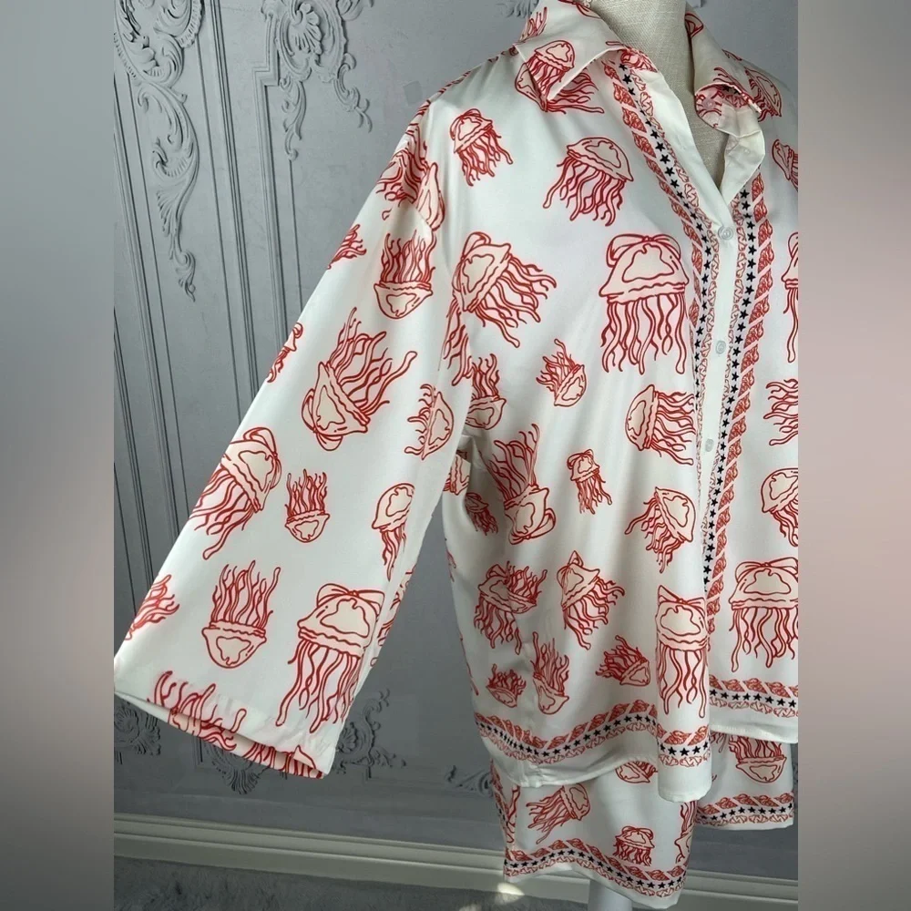 Casual Jellyfish blouse & Shorts Loose Fit Sea Life Print Beach Coverup - Picture 13 of 16